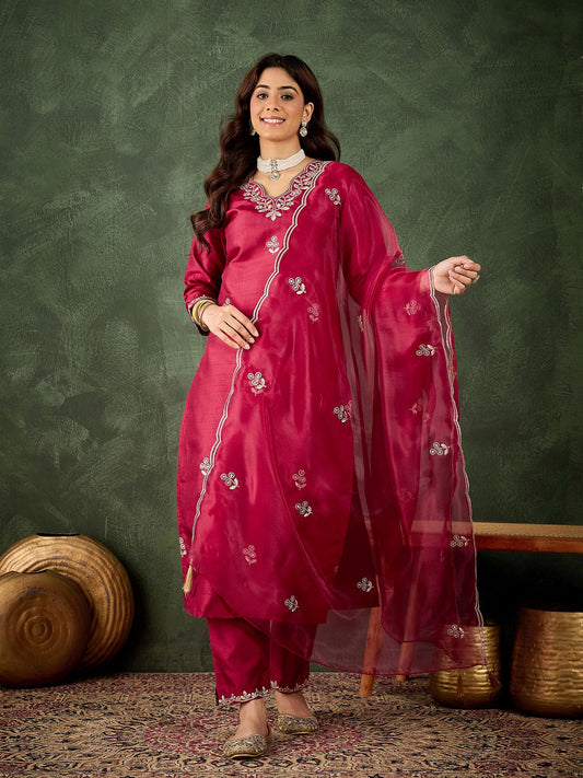Cherry Silk Blend Readymade Suit: Organza Dupatta, Designer Embroidery Work