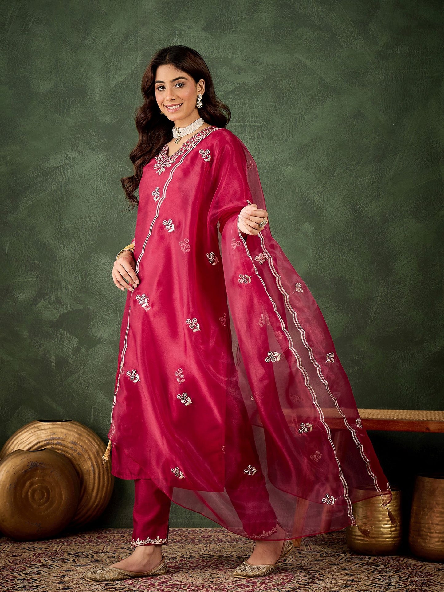 Cherry Silk Blend Readymade Suit: Organza Dupatta, Designer Embroidery Work