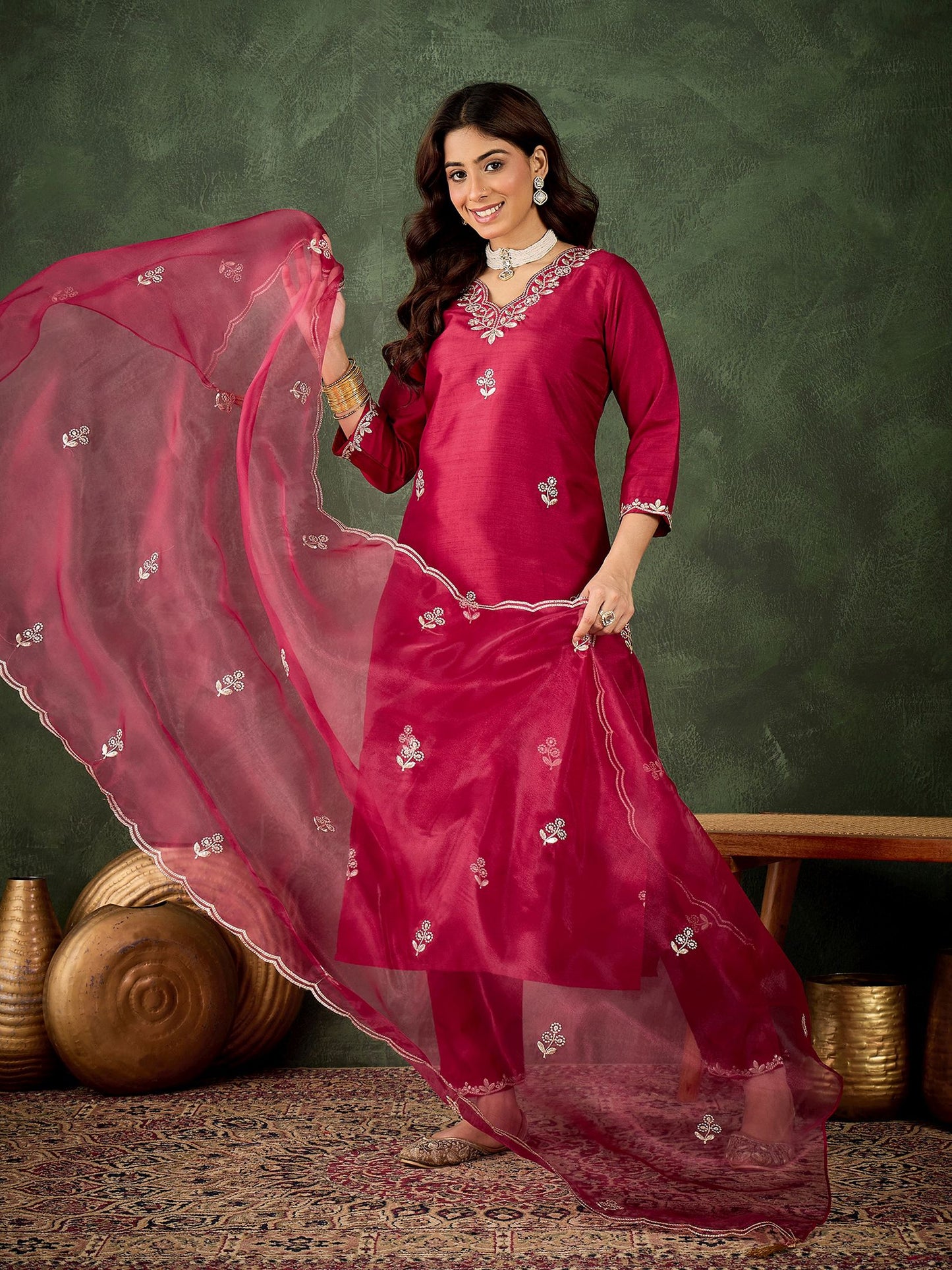 Cherry Silk Blend Readymade Suit: Organza Dupatta, Designer Embroidery Work