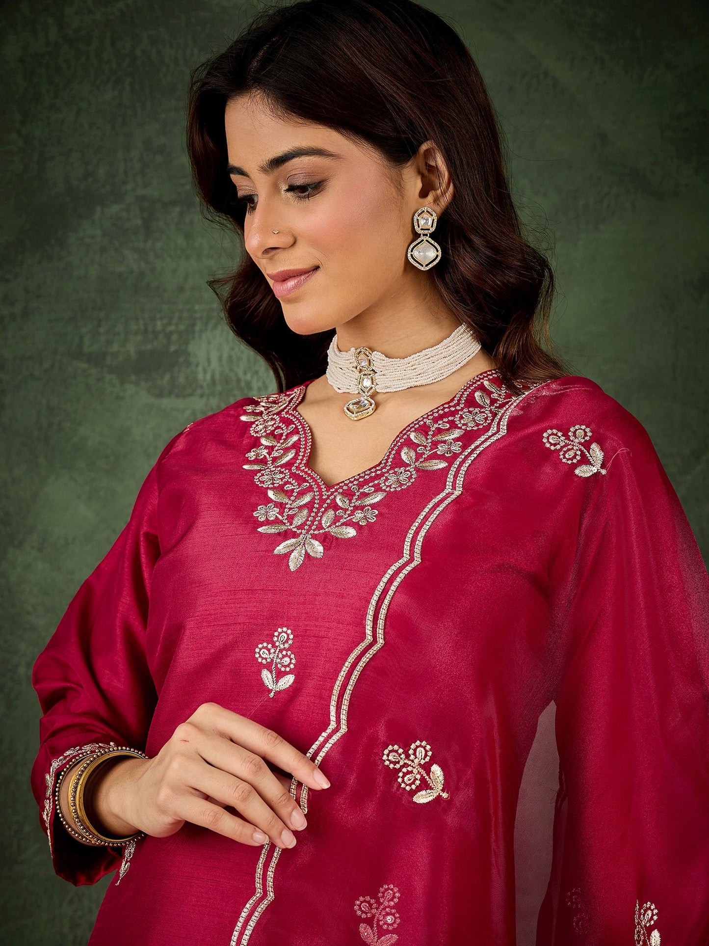 Cherry Silk Blend Readymade Suit: Organza Dupatta, Designer Embroidery Work