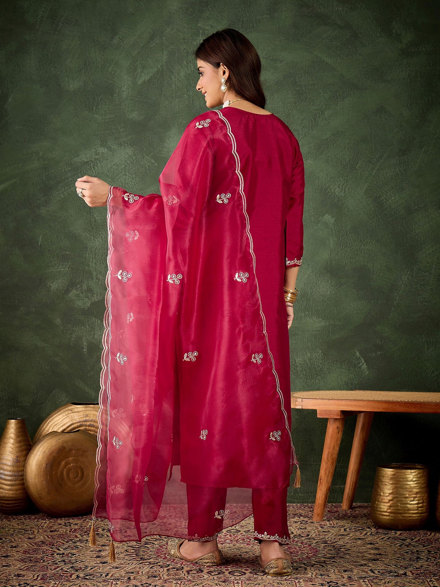Cherry Silk Blend Readymade Suit: Organza Dupatta, Designer Embroidery Work
