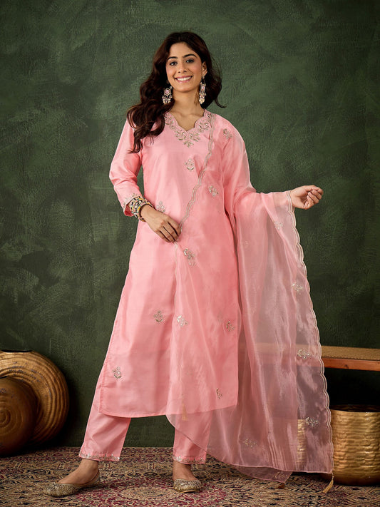 Pink Silk Blend Readymade Suit: Organza Dupatta, Designer Embroidery Work