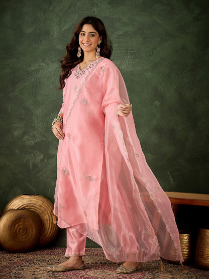 Pink Silk Blend Readymade Suit: Organza Dupatta, Designer Embroidery Work