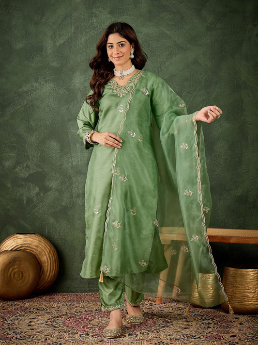 Green Silk Blend Readymade Suit: Organza Dupatta, Designer Embroidery Work