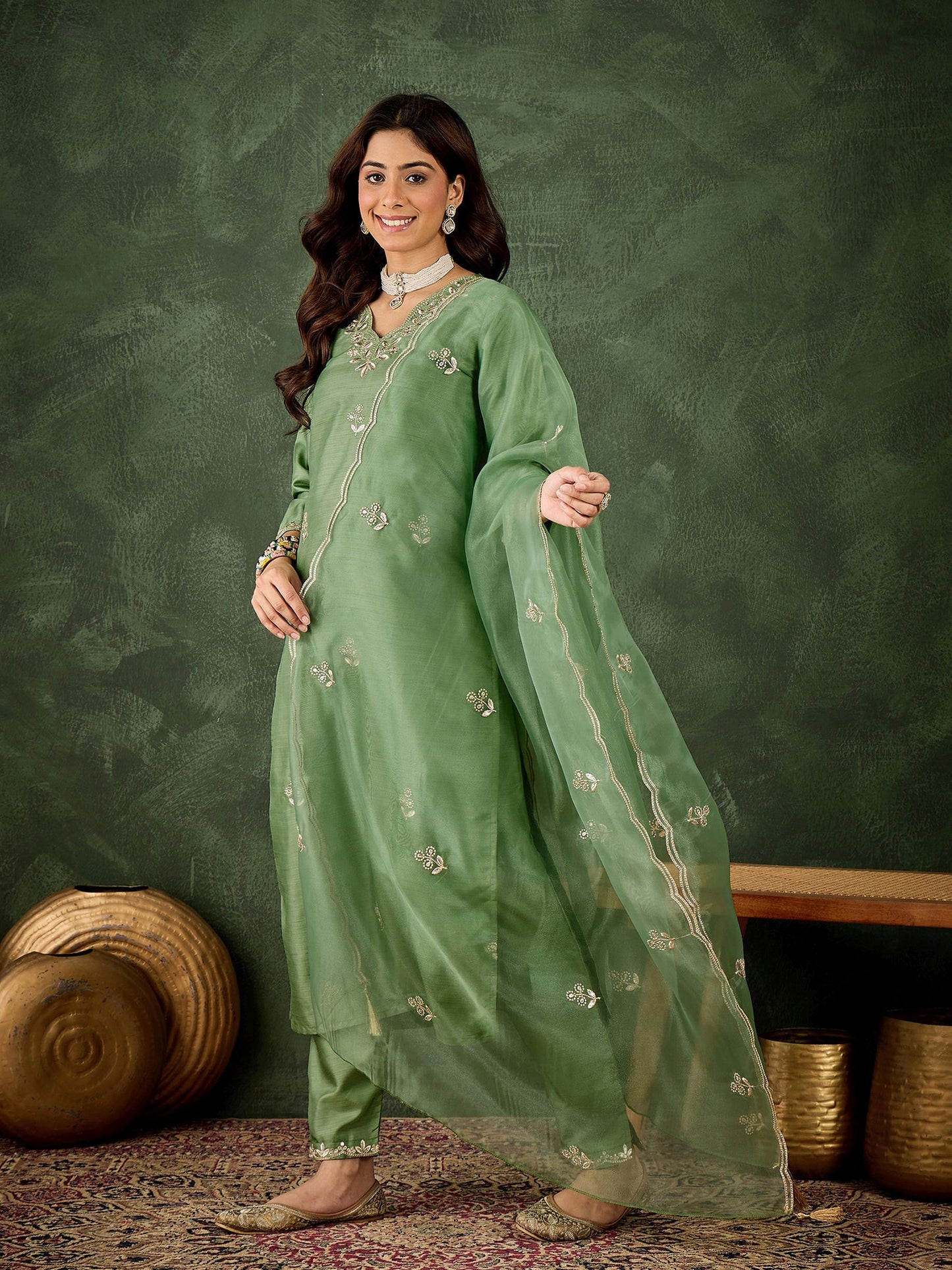 Green Silk Blend Readymade Suit: Organza Dupatta, Designer Embroidery Work