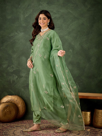 Green Silk Blend Readymade Suit: Organza Dupatta, Designer Embroidery Work