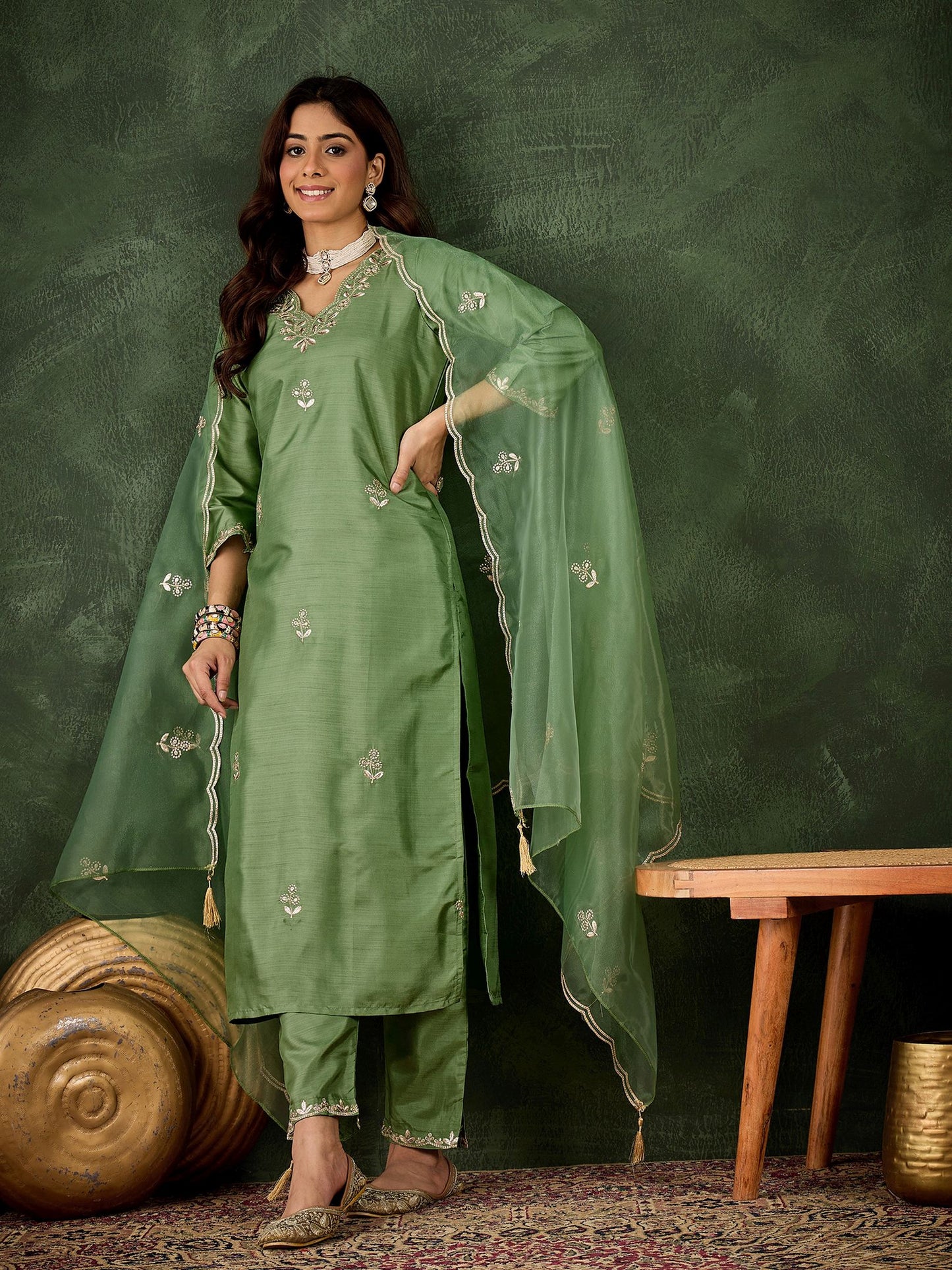 Green Silk Blend Readymade Suit: Organza Dupatta, Designer Embroidery Work