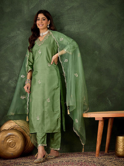 Green Silk Blend Readymade Suit: Organza Dupatta, Designer Embroidery Work