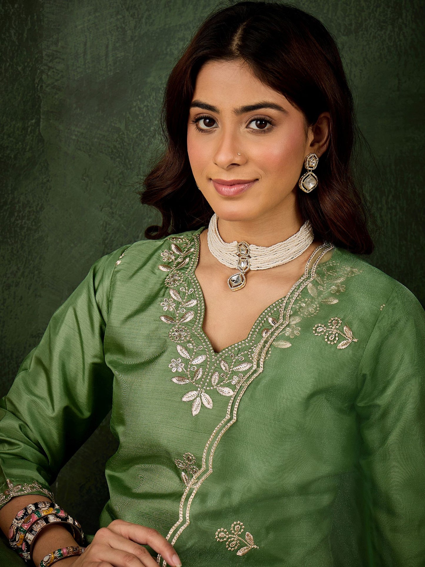 Green Silk Blend Readymade Suit: Organza Dupatta, Designer Embroidery Work