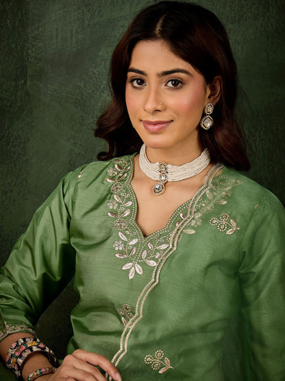 Green Silk Blend Readymade Suit: Organza Dupatta, Designer Embroidery Work