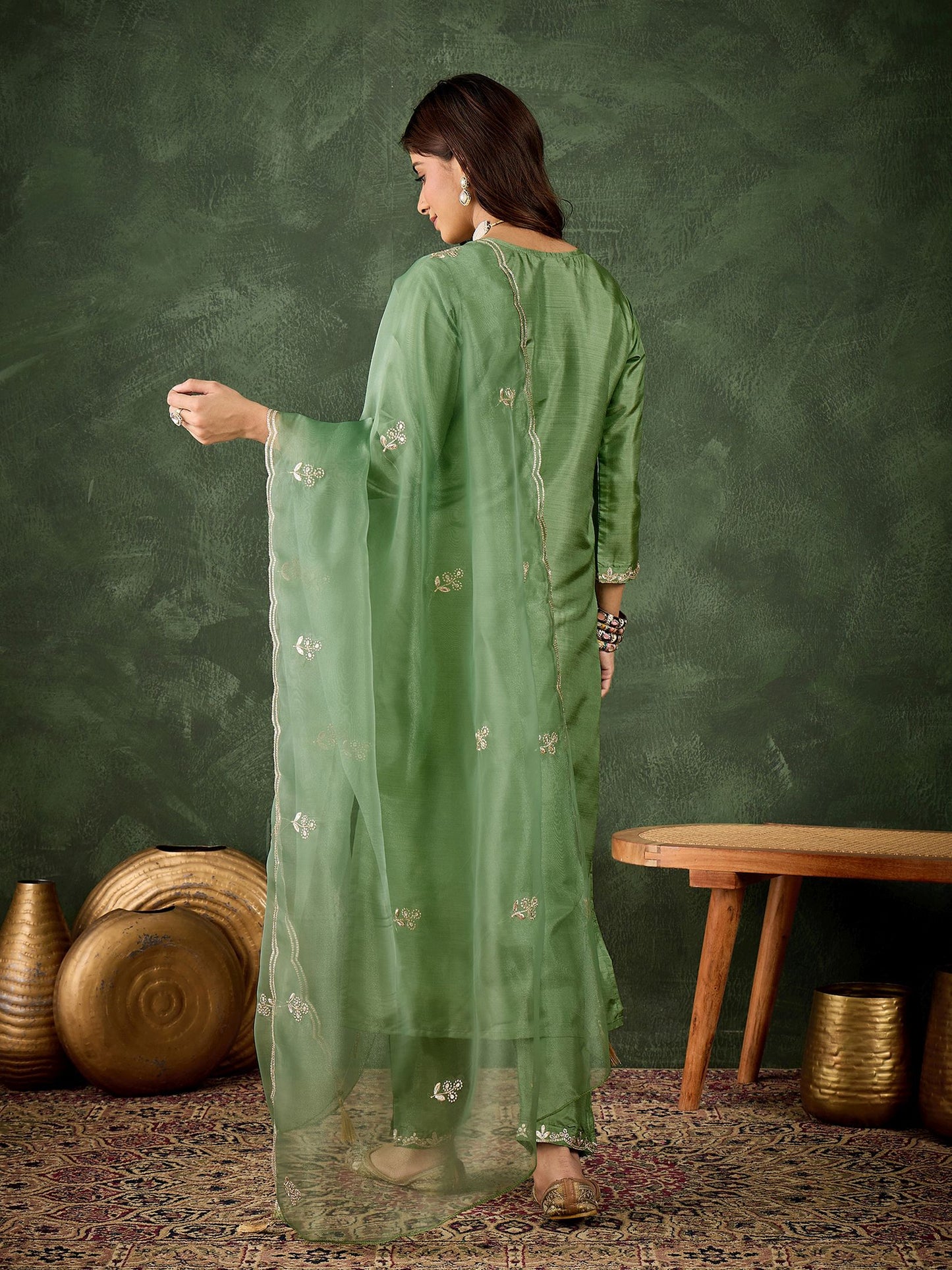 Green Silk Blend Readymade Suit: Organza Dupatta, Designer Embroidery Work