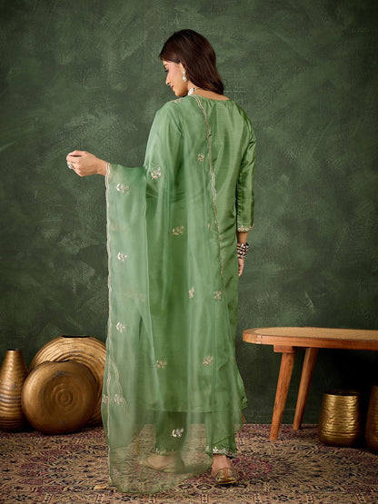 Green Silk Blend Readymade Suit: Organza Dupatta, Designer Embroidery Work