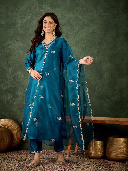 Teal Blue Silk Blend Readymade Suit: Organza Dupatta, Designer Embroidery Work