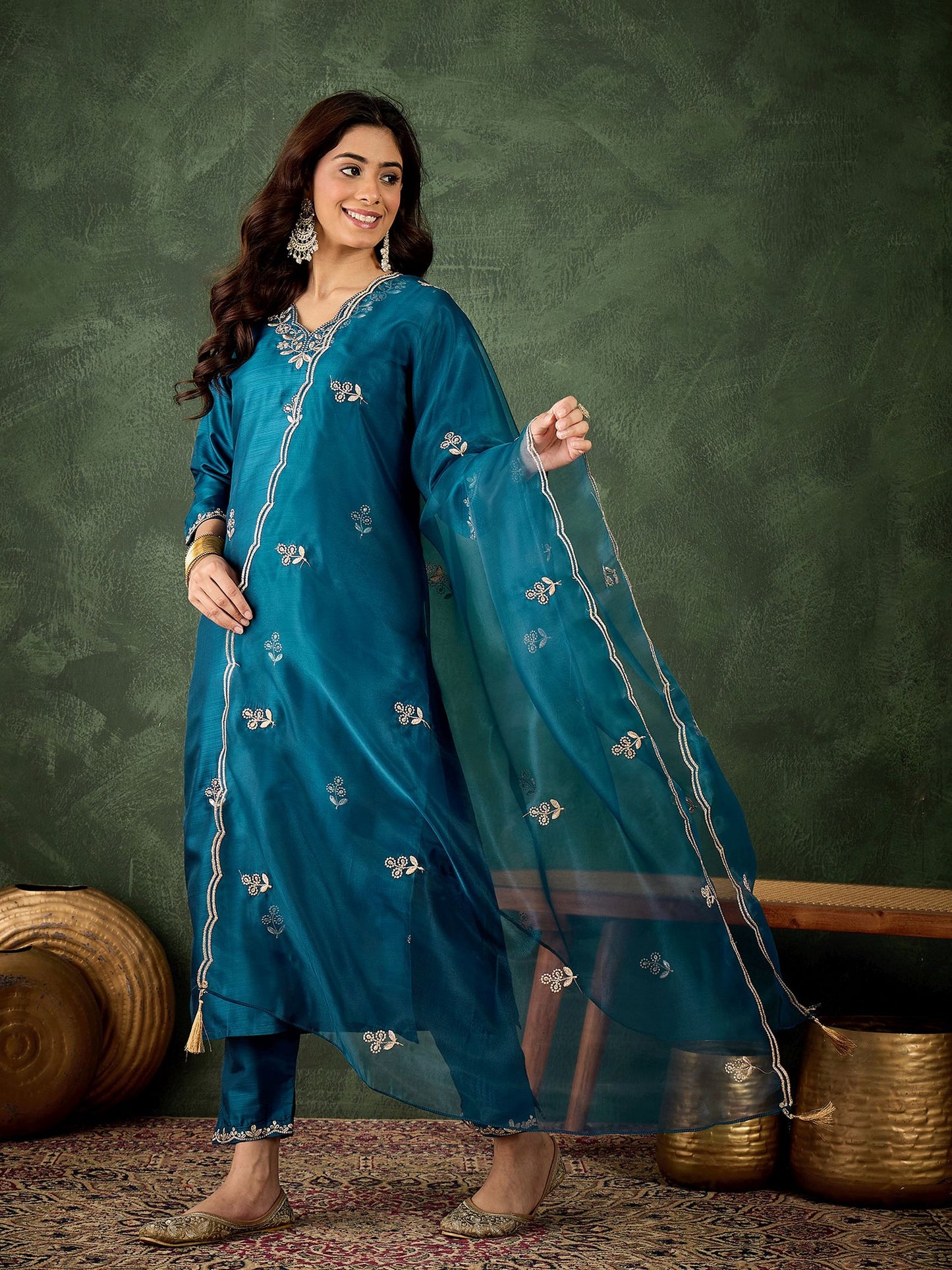 Teal Blue Silk Blend Readymade Suit: Organza Dupatta, Designer Embroidery Work