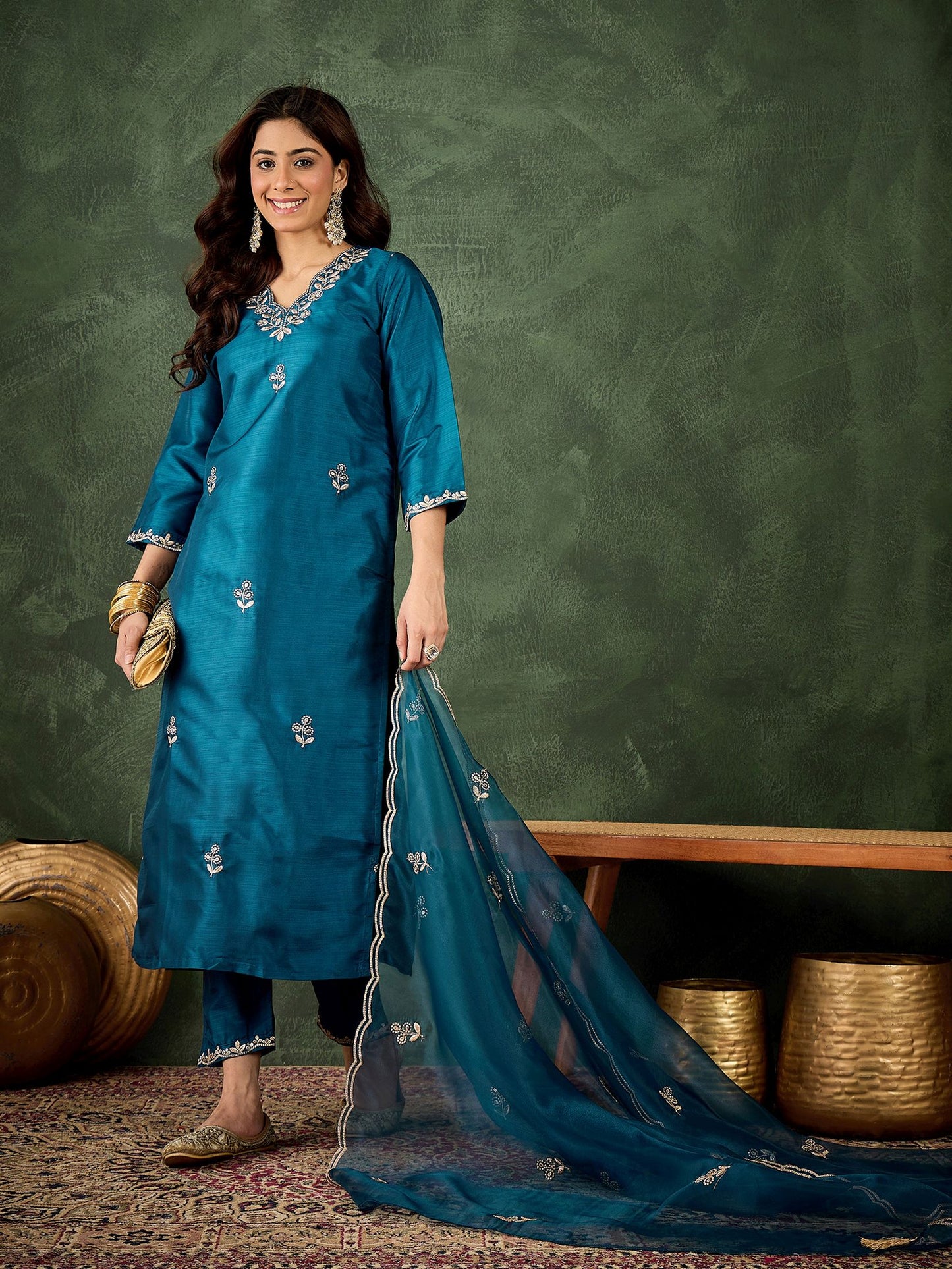 Teal Blue Silk Blend Readymade Suit: Organza Dupatta, Designer Embroidery Work