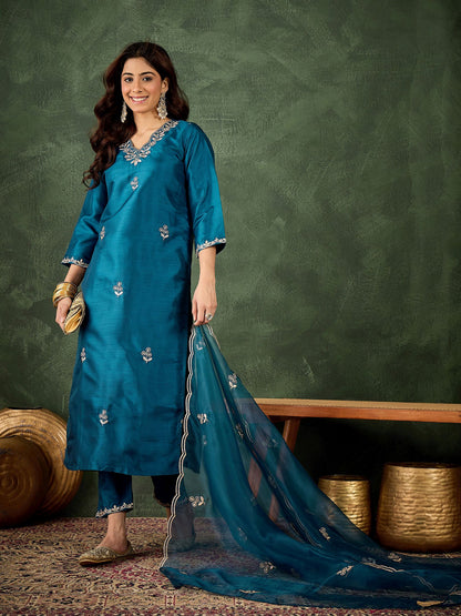 Teal Blue Silk Blend Readymade Suit: Organza Dupatta, Designer Embroidery Work