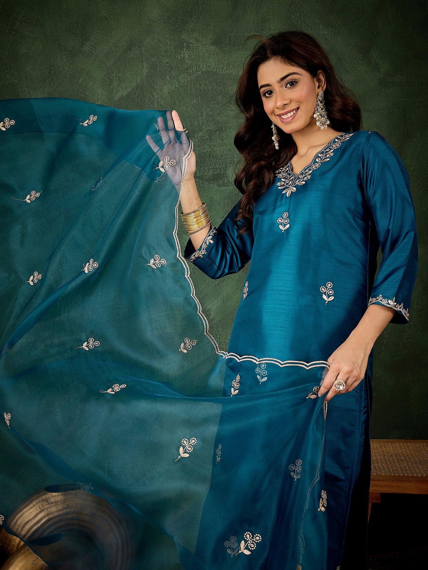 Teal Blue Silk Blend Readymade Suit: Organza Dupatta, Designer Embroidery Work