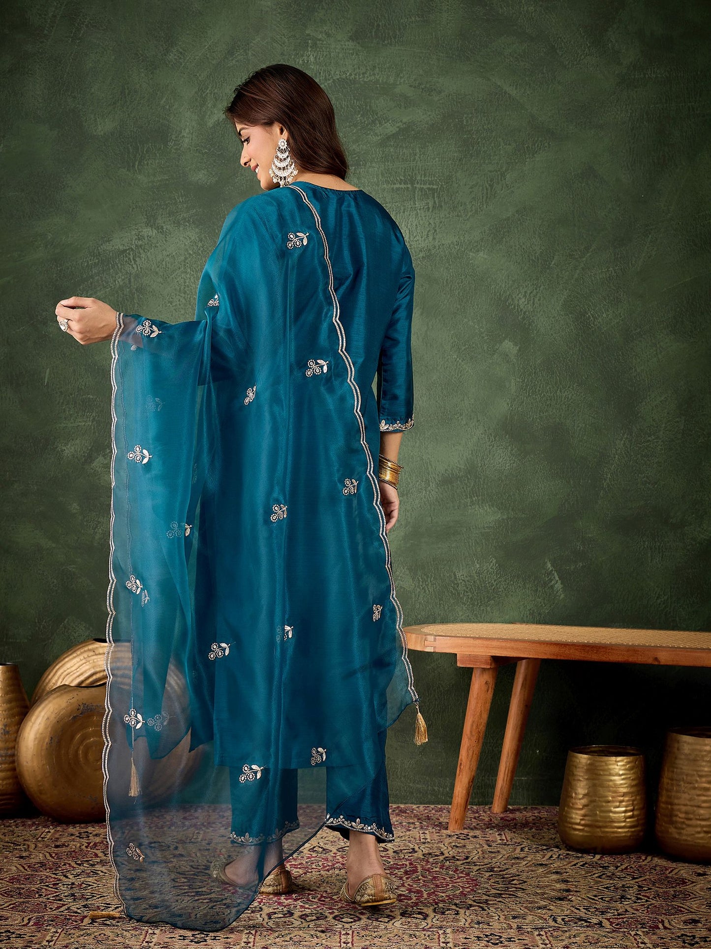 Teal Blue Silk Blend Readymade Suit: Organza Dupatta, Designer Embroidery Work