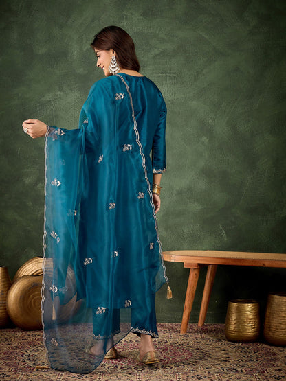 Teal Blue Silk Blend Readymade Suit: Organza Dupatta, Designer Embroidery Work