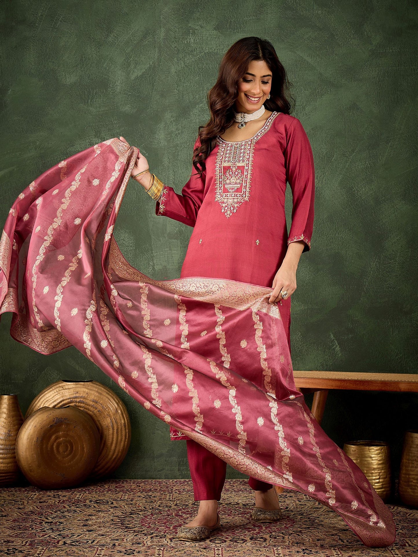 Maroon Viscose Rayon Suit: Organza Woven Dupatta, Designer Embroidery Work