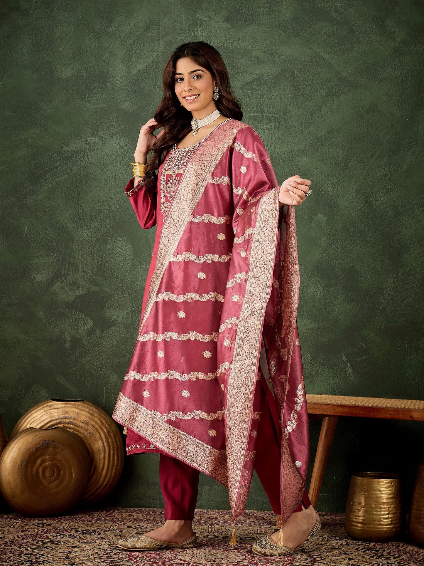 Maroon Viscose Rayon Suit: Organza Woven Dupatta, Designer Embroidery Work