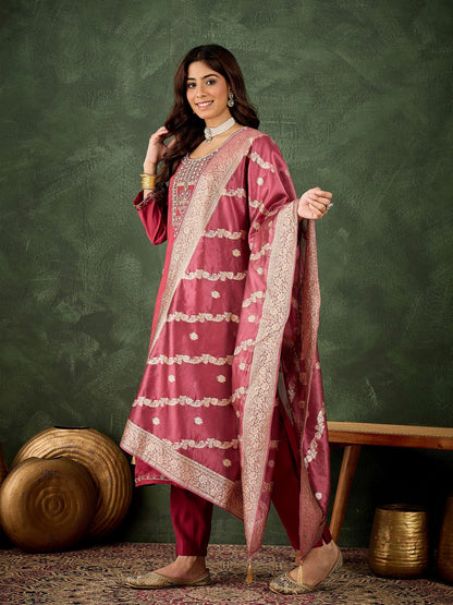 Maroon Viscose Rayon Suit: Organza Woven Dupatta, Designer Embroidery Work