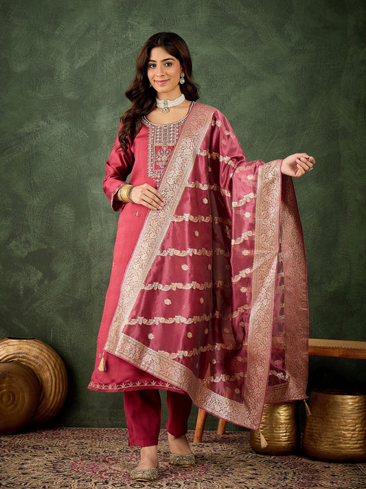 Maroon Viscose Rayon Suit: Organza Woven Dupatta, Designer Embroidery Work