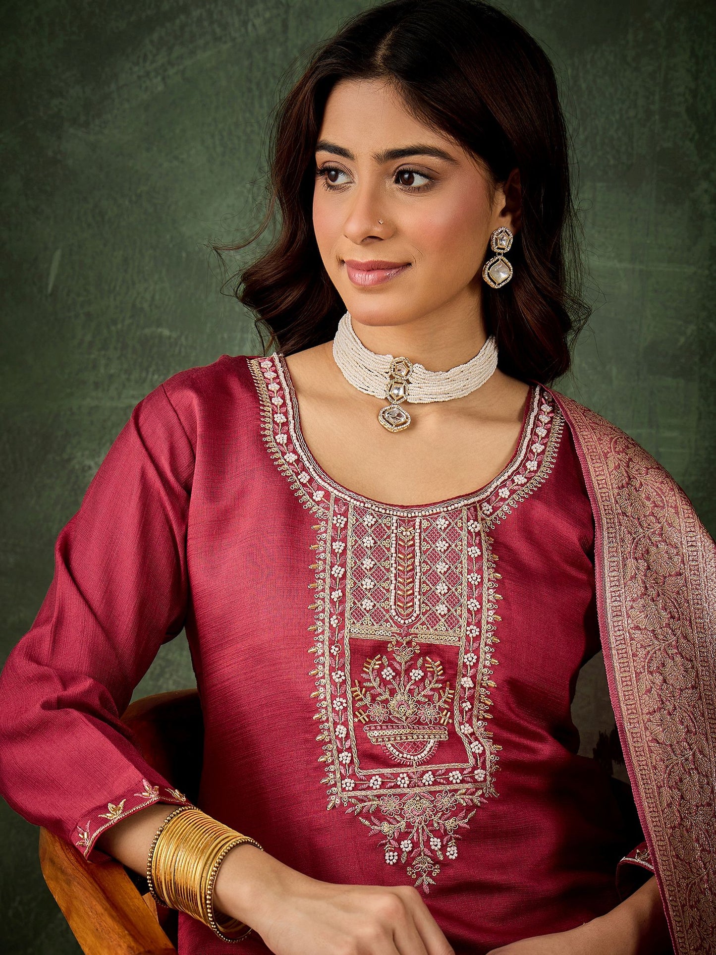 Maroon Viscose Rayon Suit: Organza Woven Dupatta, Designer Embroidery Work