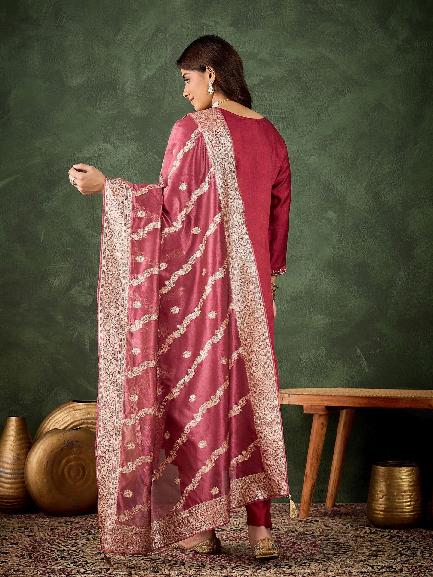 Maroon Viscose Rayon Suit: Organza Woven Dupatta, Designer Embroidery Work