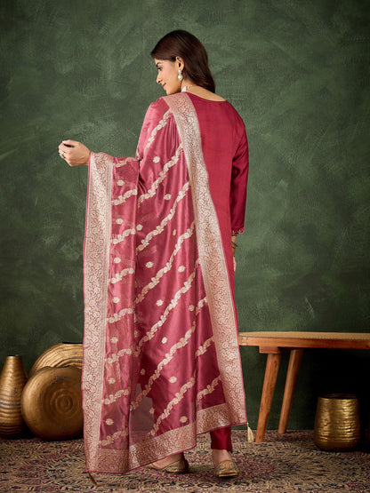 Maroon Viscose Rayon Suit: Organza Woven Dupatta, Designer Embroidery Work