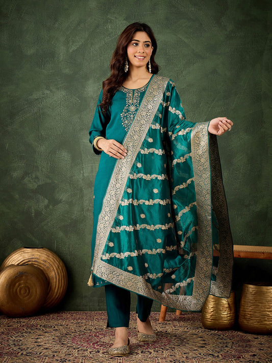 Rama Viscose Rayon Suit: Organza Woven Dupatta, Designer Embroidery Work