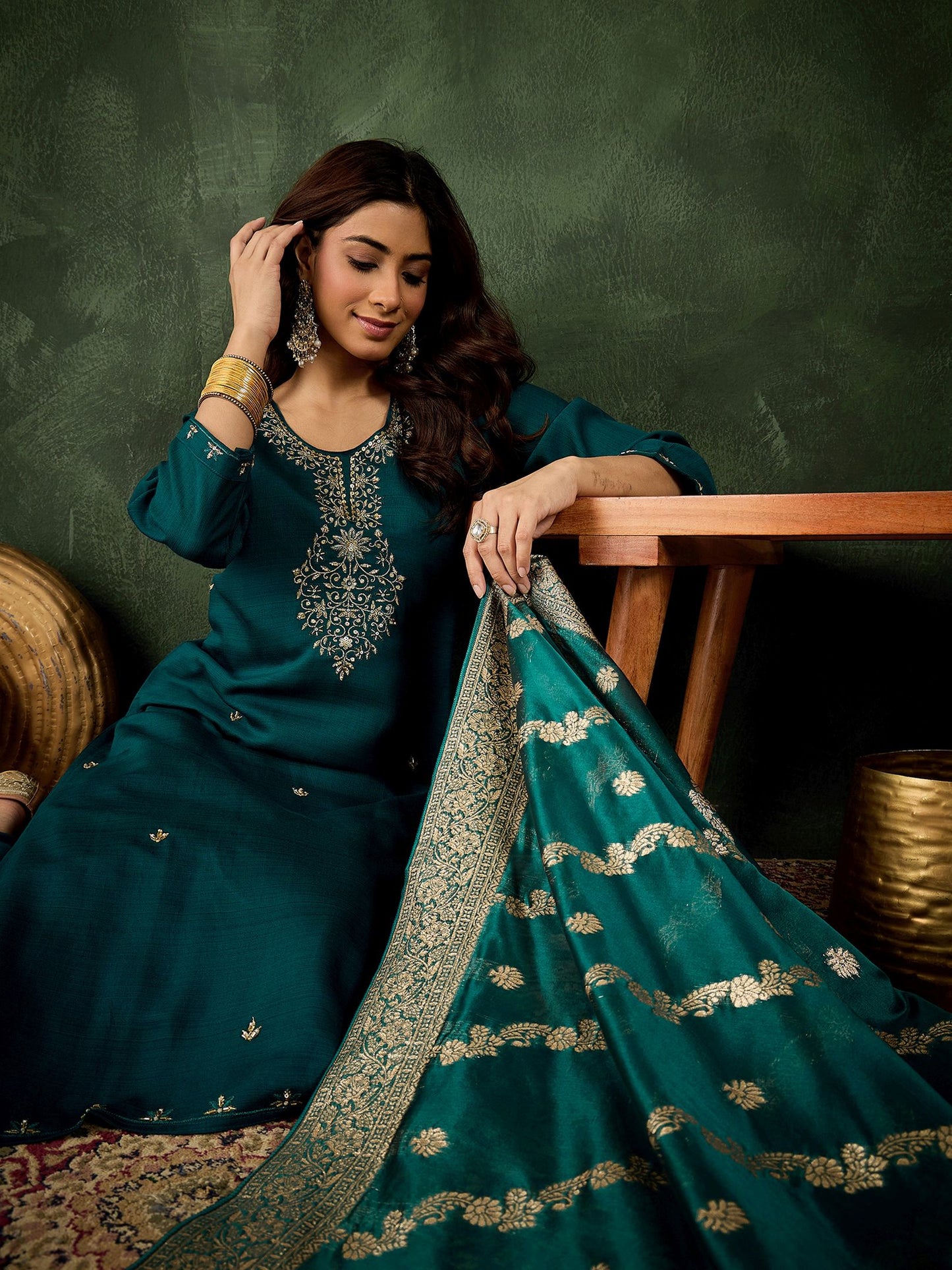 Rama Viscose Rayon Suit: Organza Woven Dupatta, Designer Embroidery Work