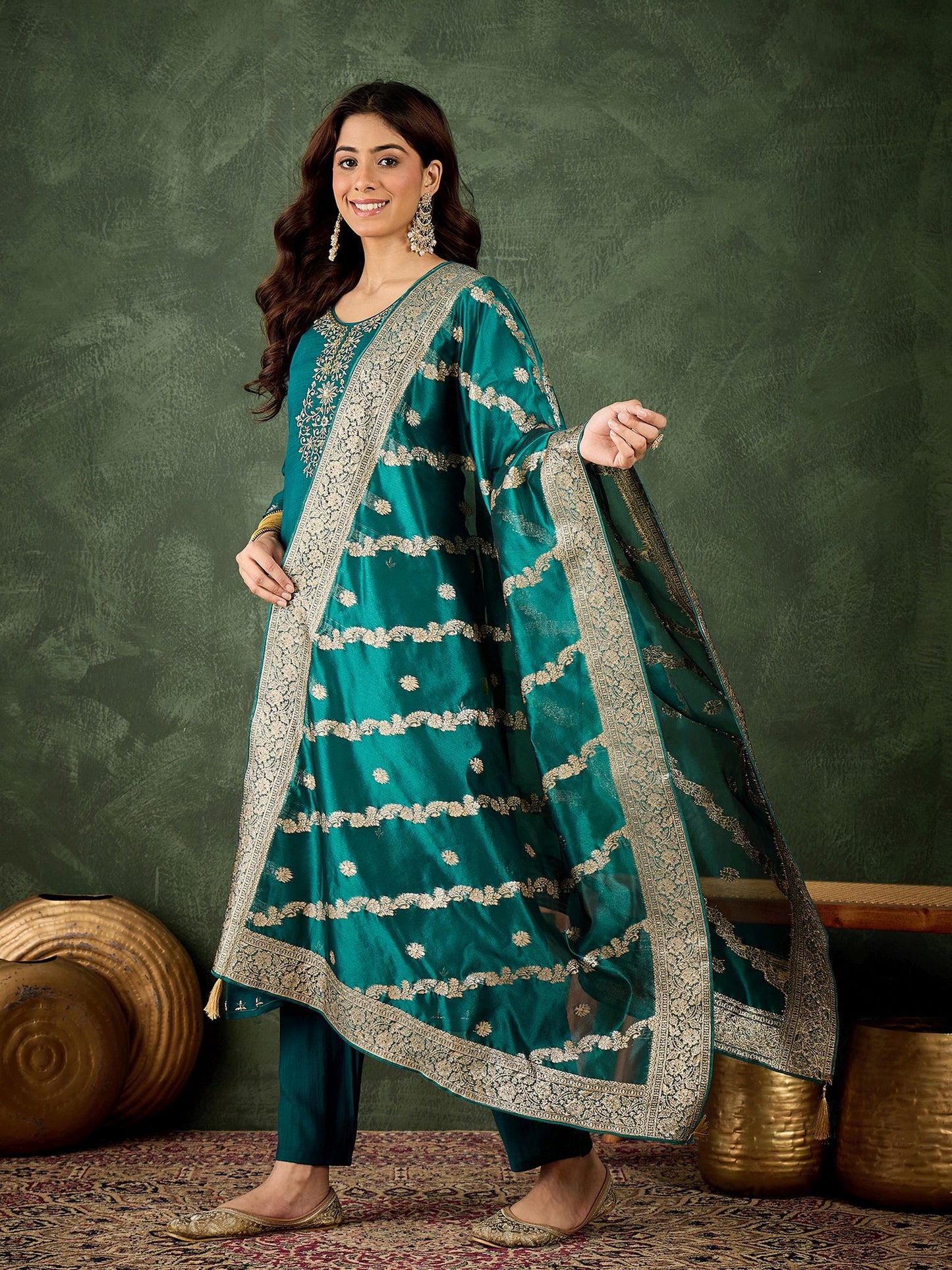 Rama Viscose Rayon Suit: Organza Woven Dupatta, Designer Embroidery Work