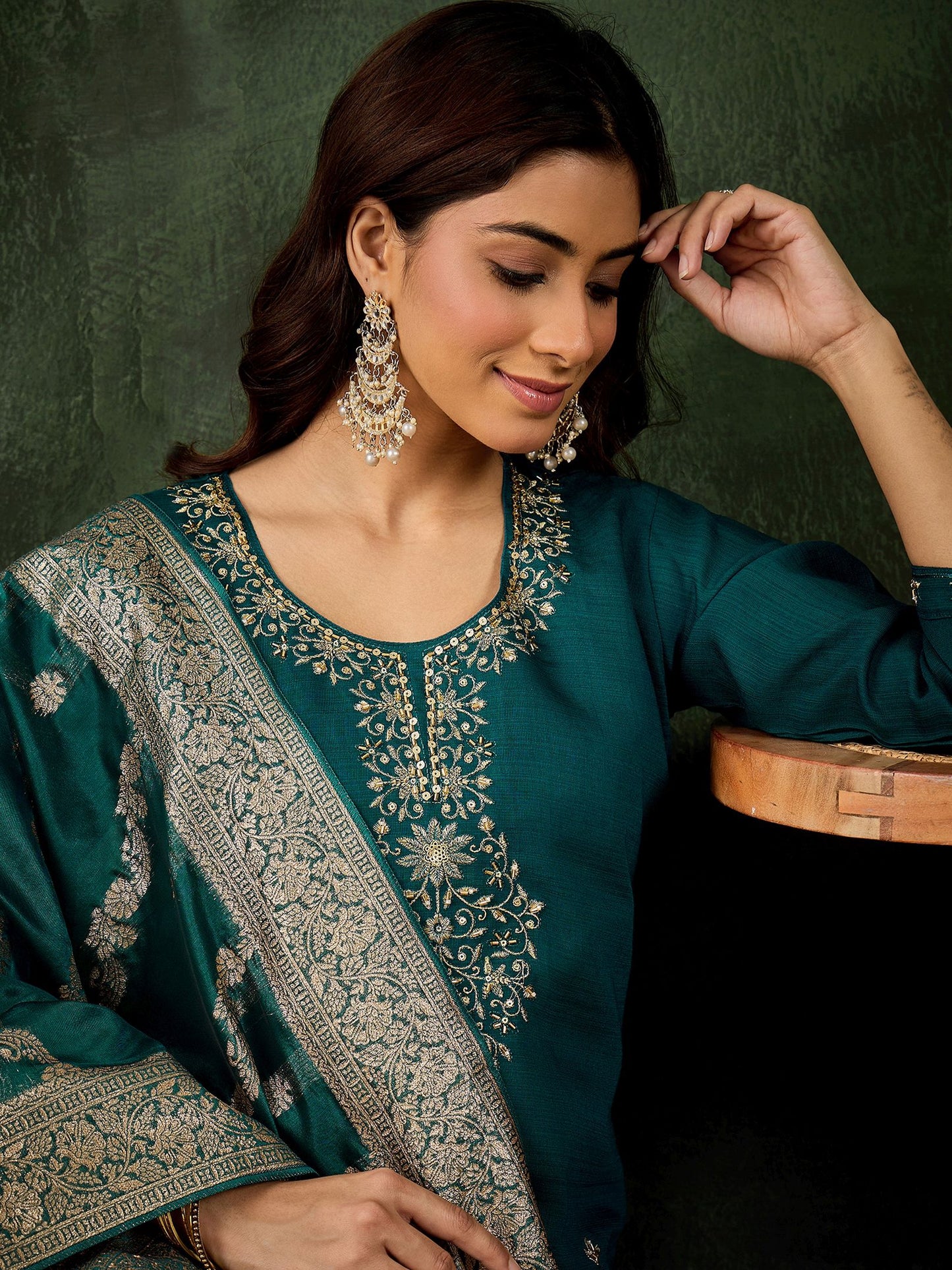 Rama Viscose Rayon Suit: Organza Woven Dupatta, Designer Embroidery Work