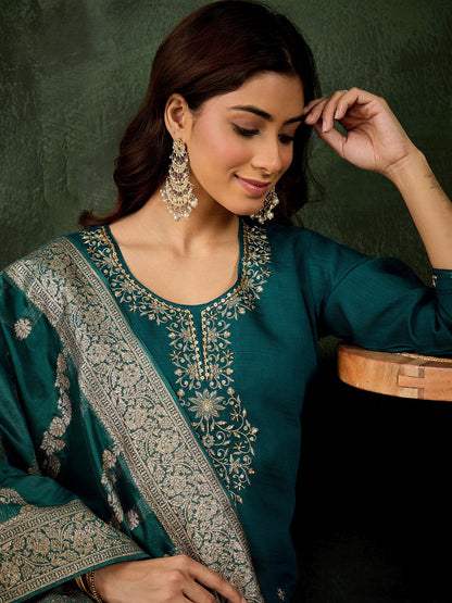 Rama Viscose Rayon Suit: Organza Woven Dupatta, Designer Embroidery Work