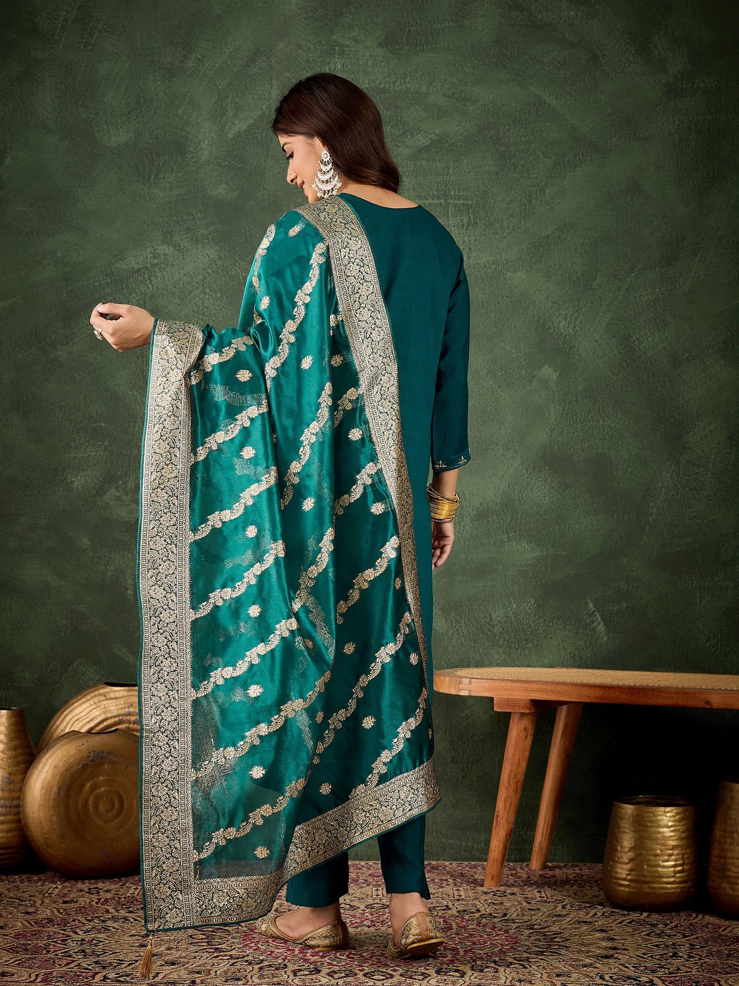 Rama Viscose Rayon Suit: Organza Woven Dupatta, Designer Embroidery Work