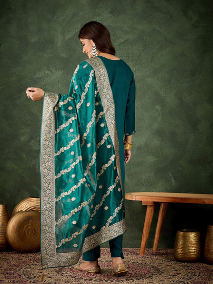 Rama Viscose Rayon Suit: Organza Woven Dupatta, Designer Embroidery Work
