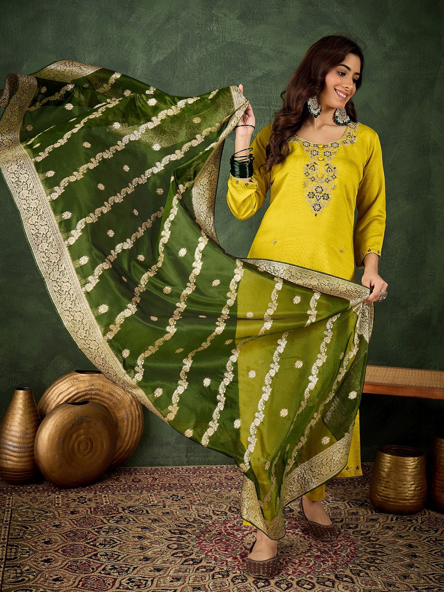 Lemon Viscose Rayon Suit: Mahendi Organza Woven Dupatta, Designer Embroidery