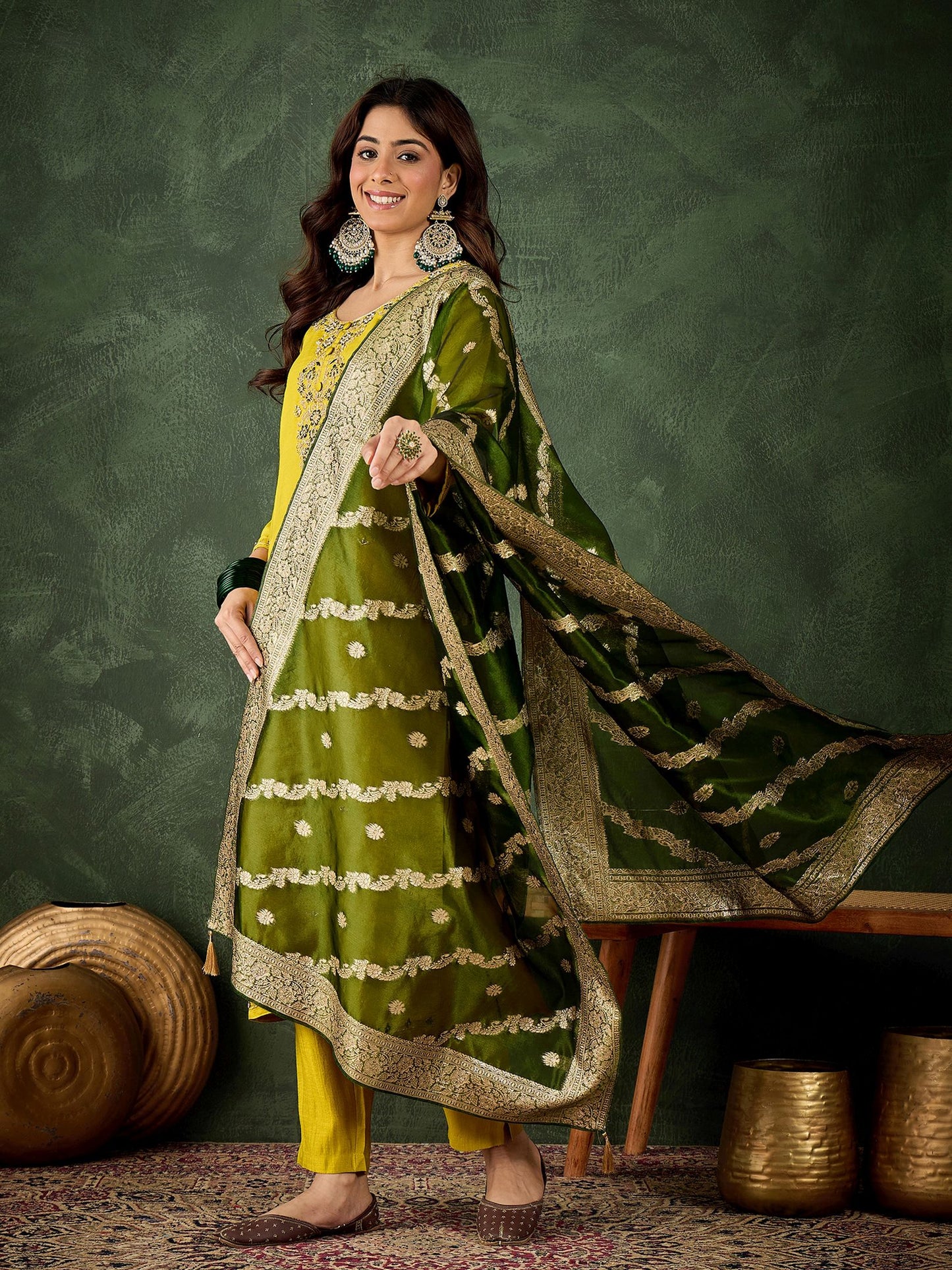 Lemon Viscose Rayon Suit: Mahendi Organza Woven Dupatta, Designer Embroidery