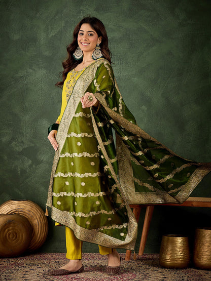 Lemon Viscose Rayon Suit: Mahendi Organza Woven Dupatta, Designer Embroidery