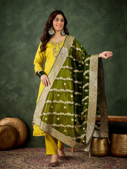Lemon Viscose Rayon Suit: Mahendi Organza Woven Dupatta, Designer Embroidery