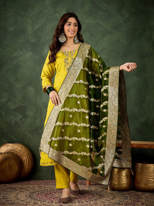 Lemon Viscose Rayon Suit: Mahendi Organza Woven Dupatta, Designer Embroidery