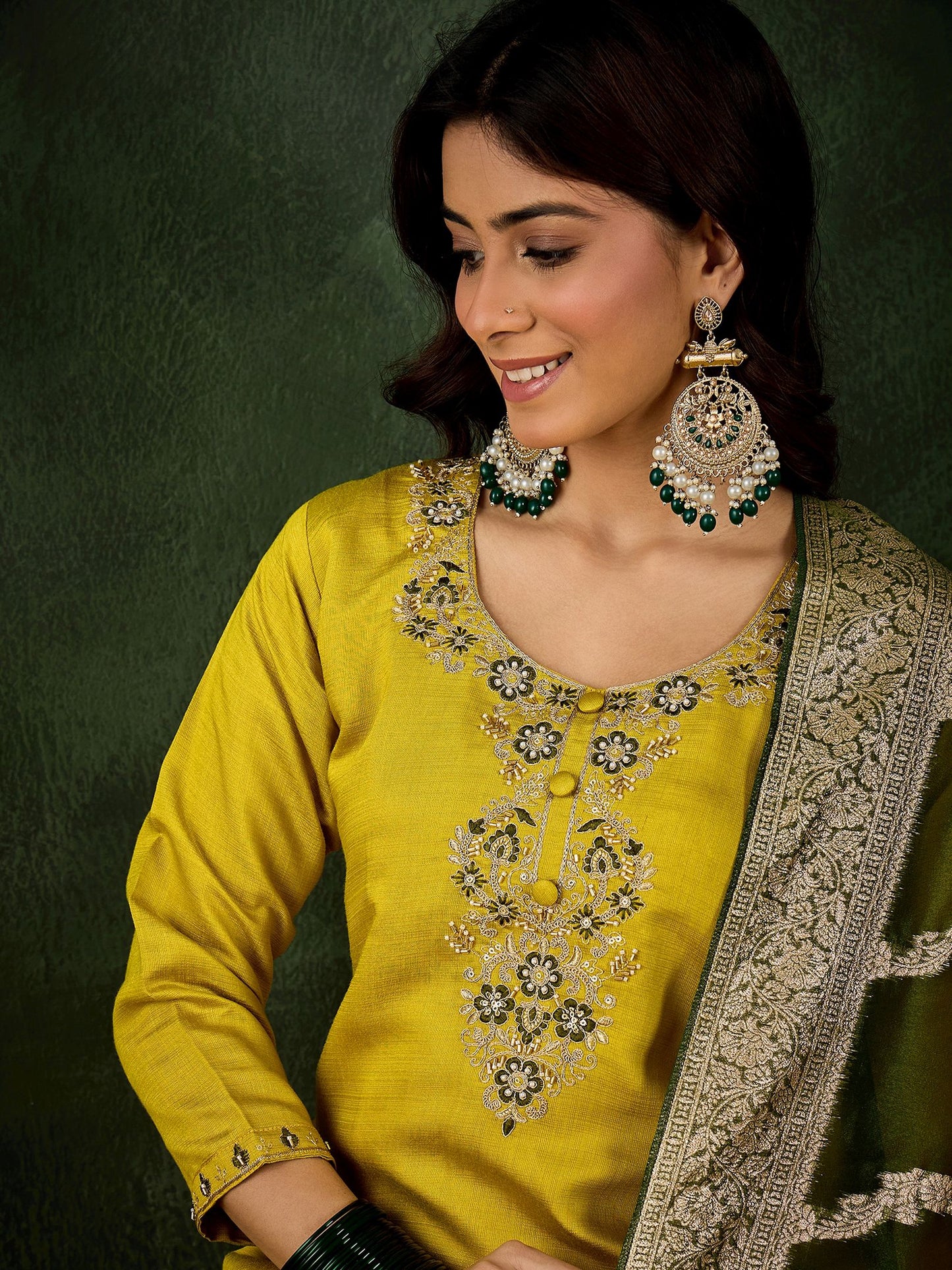Lemon Viscose Rayon Suit: Mahendi Organza Woven Dupatta, Designer Embroidery