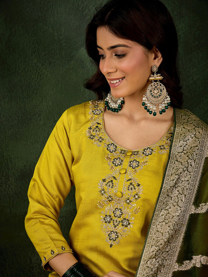 Lemon Viscose Rayon Suit: Mahendi Organza Woven Dupatta, Designer Embroidery