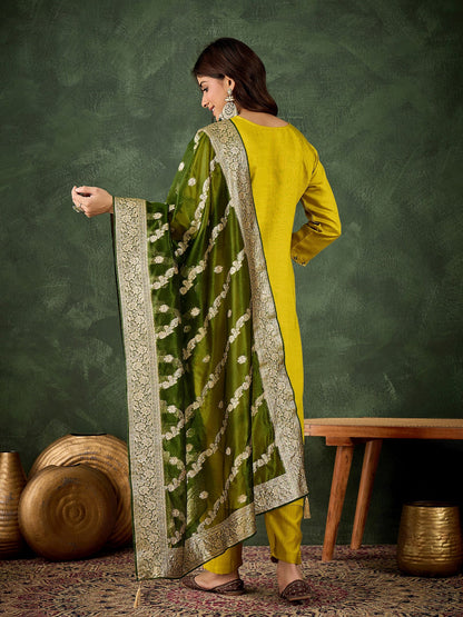 Lemon Viscose Rayon Suit: Mahendi Organza Woven Dupatta, Designer Embroidery