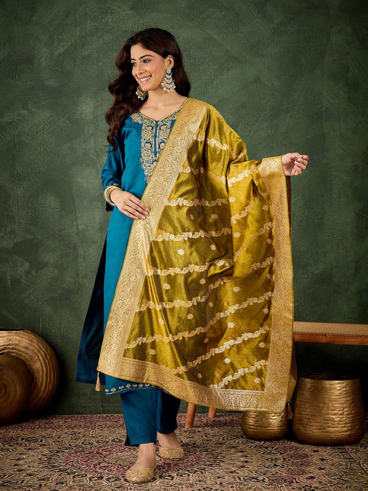 Teal Blue Viscose Rayon Suit: Green Organza Woven Dupatta, Designer Embroidery