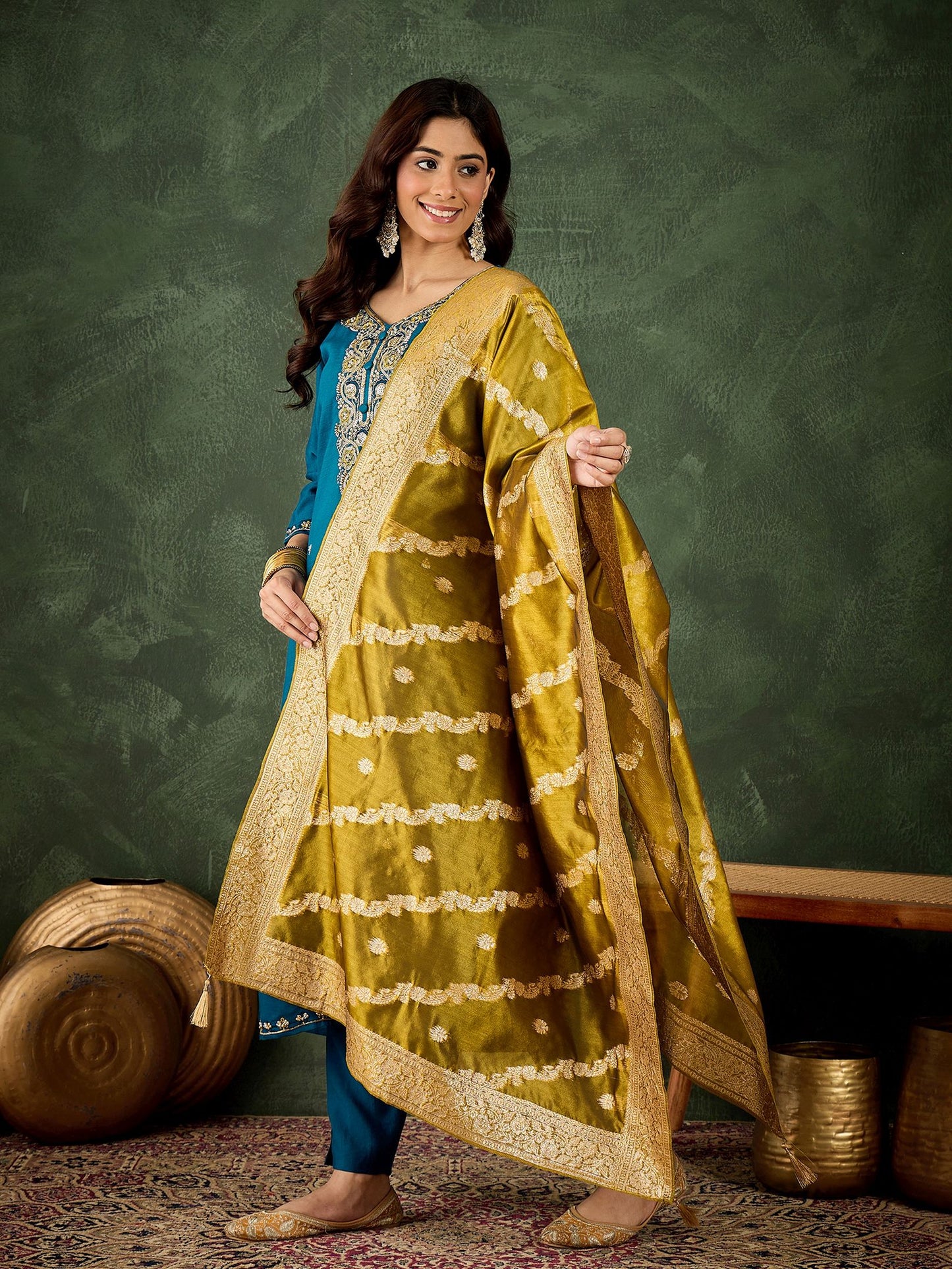 Teal Blue Viscose Rayon Suit: Green Organza Woven Dupatta, Designer Embroidery