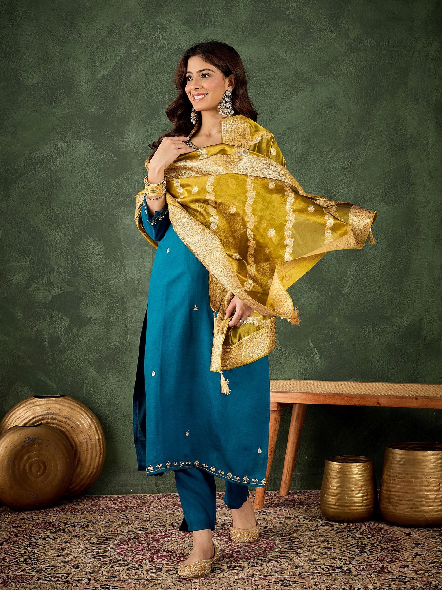Teal Blue Viscose Rayon Suit: Green Organza Woven Dupatta, Designer Embroidery