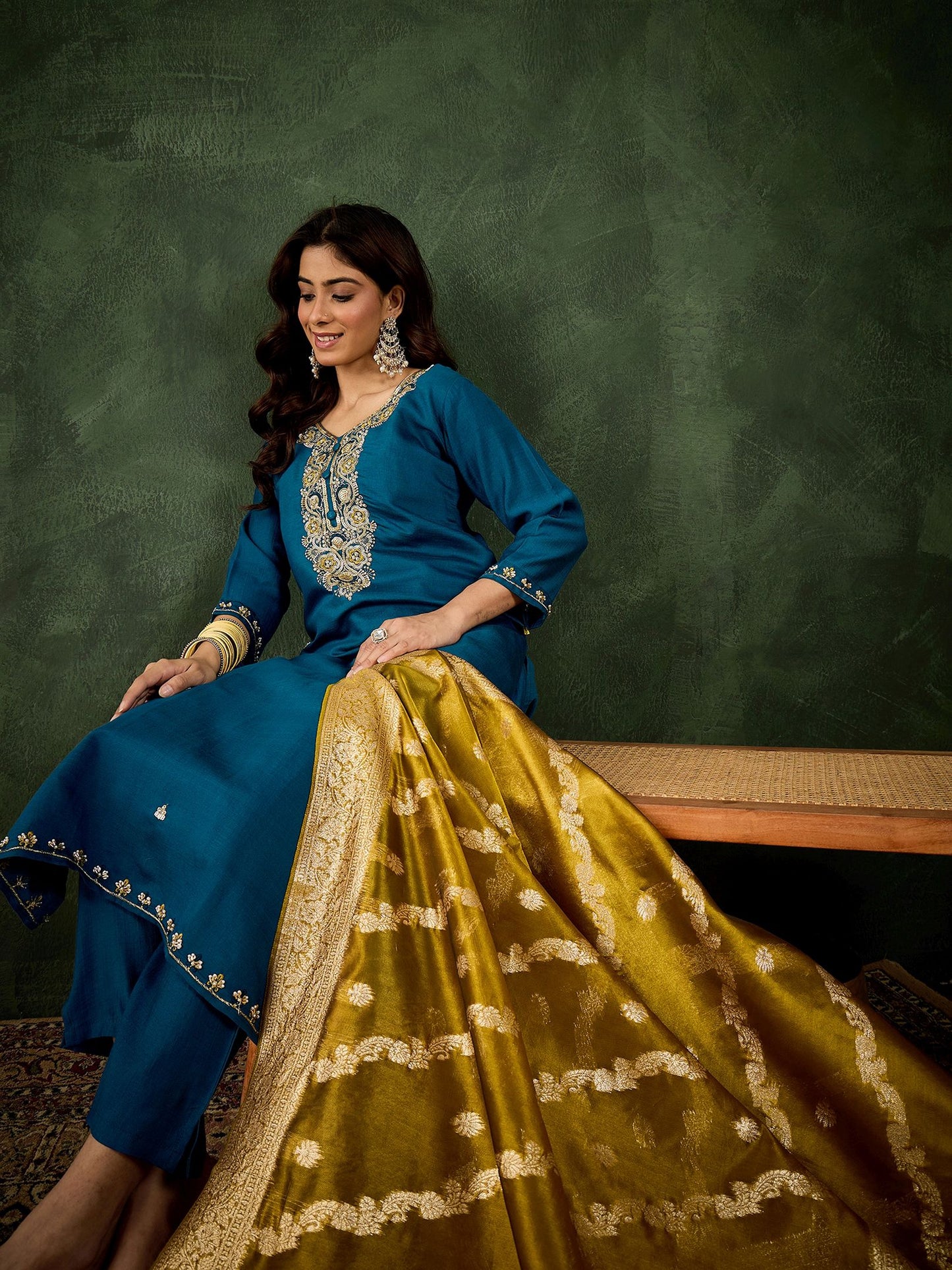 Teal Blue Viscose Rayon Suit: Green Organza Woven Dupatta, Designer Embroidery