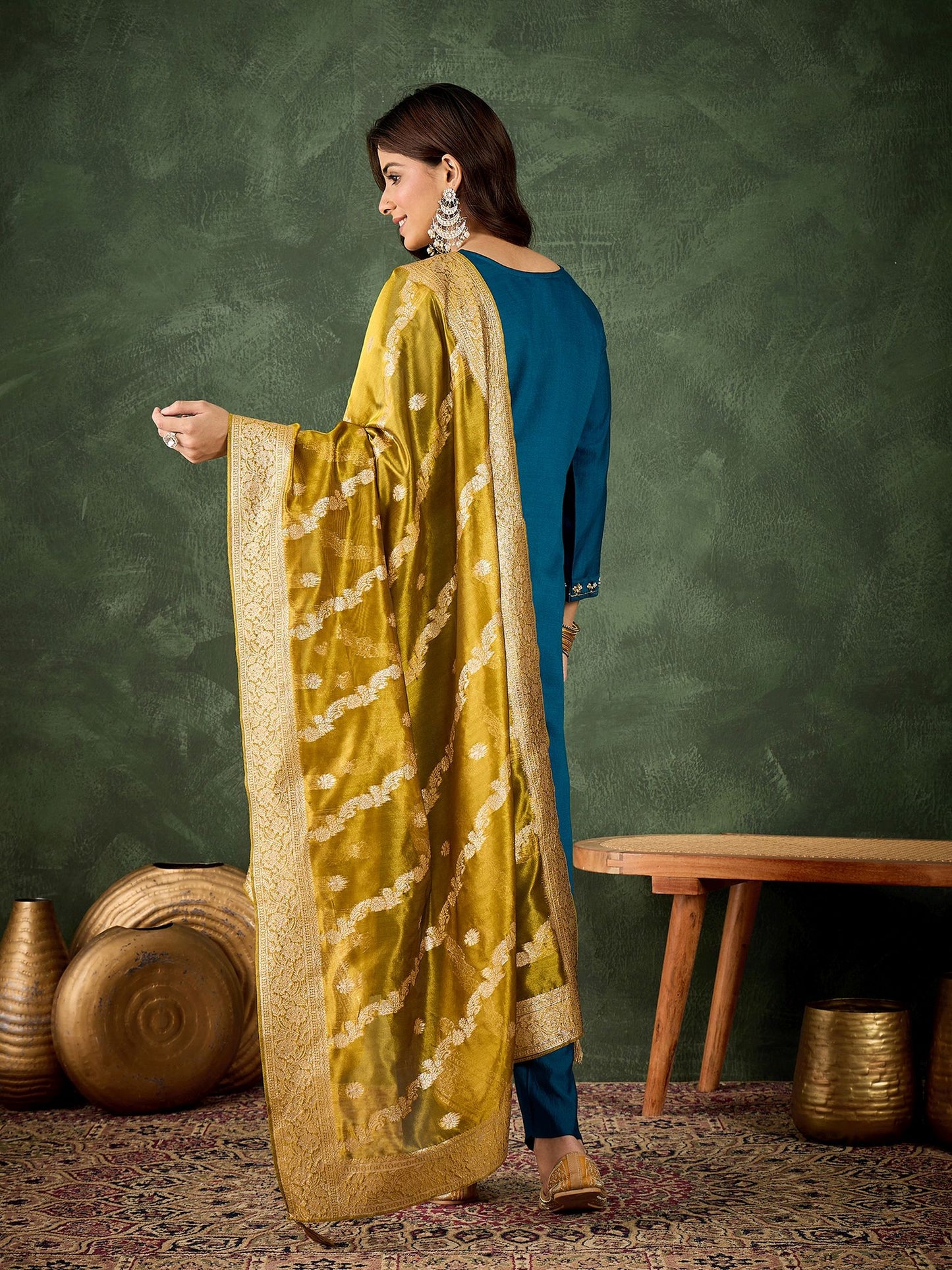 Teal Blue Viscose Rayon Suit: Green Organza Woven Dupatta, Designer Embroidery